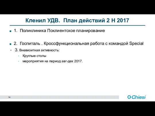 Кленил УДВ. План действий 2 Н 2017 1. Поликлиника Поклиентское планирование 2.