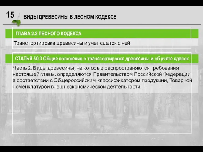 ВИДЫ ДРЕВЕСИНЫ В ЛЕСНОМ КОДЕКСЕ ГЛАВА 2.2 ЛЕСНОГО КОДЕКСА СТАТЬЯ 50.3 Общие