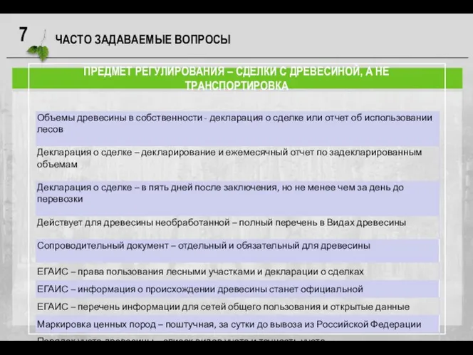 ЧАСТО ЗАДАВАЕМЫЕ ВОПРОСЫ ПРЕДМЕТ РЕГУЛИРОВАНИЯ – СДЕЛКИ С ДРЕВЕСИНОЙ, А НЕ ТРАНСПОРТИРОВКА