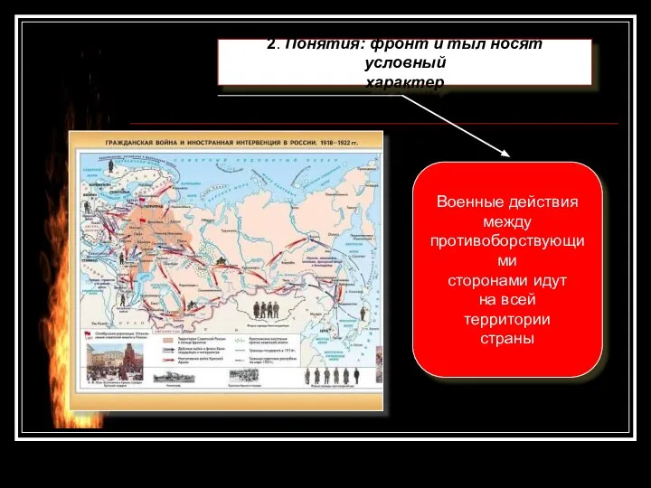 2. Понятия: фронт и тыл носят условный характер Военные действия между противоборствующими