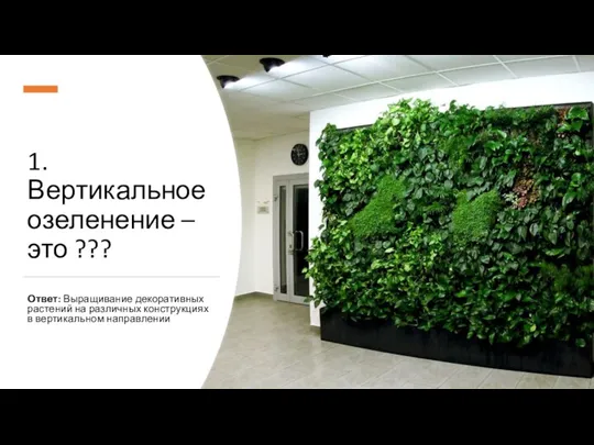1.Вертикальное озеленение – это ??? Ответ: Выращивание декоративных растений на различных конструкциях в вертикальном направлении