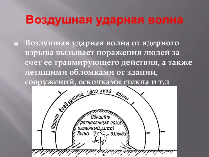 Воздушная ударная волна Воздушная ударная волна от ядерного взрыва вызывает поражения людей