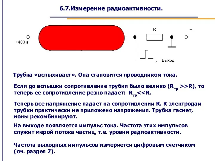 6.7.Измерение радиоактивности. Трубка «вспыхивает». Она становится проводником тока. Если до вспышки сопротивление