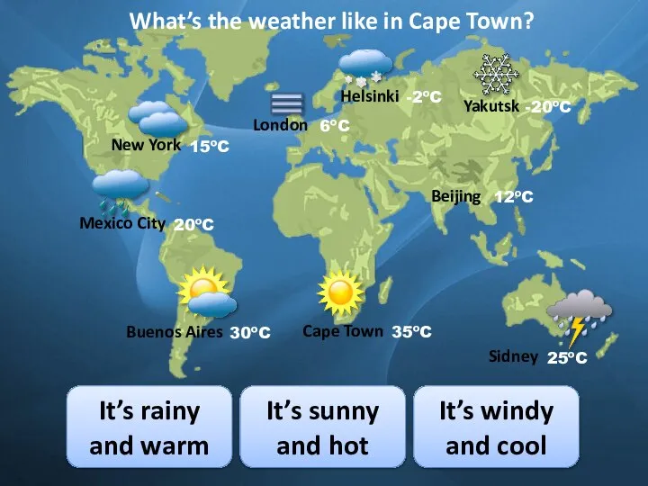 What’s the weather like in Cape Town? It’s rainy and warm It’s