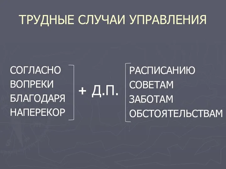 ТРУДНЫЕ СЛУЧАИ УПРАВЛЕНИЯ СОГЛАСНО ВОПРЕКИ БЛАГОДАРЯ НАПЕРЕКОР + Д.П. РАСПИСАНИЮ СОВЕТАМ ЗАБОТАМ ОБСТОЯТЕЛЬСТВАМ