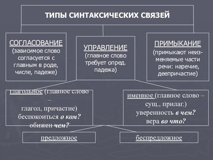 ТИПЫ СИНТАКСИЧЕСКИХ СВЯЗЕЙ СОГЛАСОВАНИЕ (зависимое слово согласуется с главным в роде, числе,