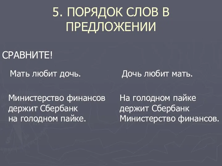 5. ПОРЯДОК СЛОВ В ПРЕДЛОЖЕНИИ СРАВНИТЕ! Мать любит дочь. Дочь любит мать.