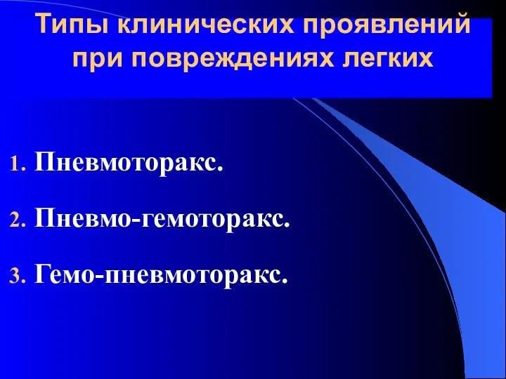 Типы клинических проявлений при повреждениях легких Пневмоторакс. Пневмо-гемоторакс. Гемо-пневмоторакс.