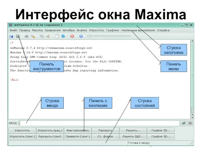 Интерфейс окна Maxima Строка заголовка Панель меню Панель инструментов Строка ввода Панель с кнопками Строка состояния