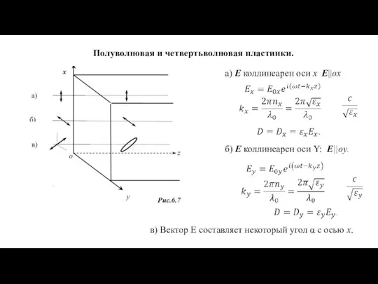 Полуволновая и четвертьволновая пластинки. а) Е коллинеарен оси x E||ox б) Е