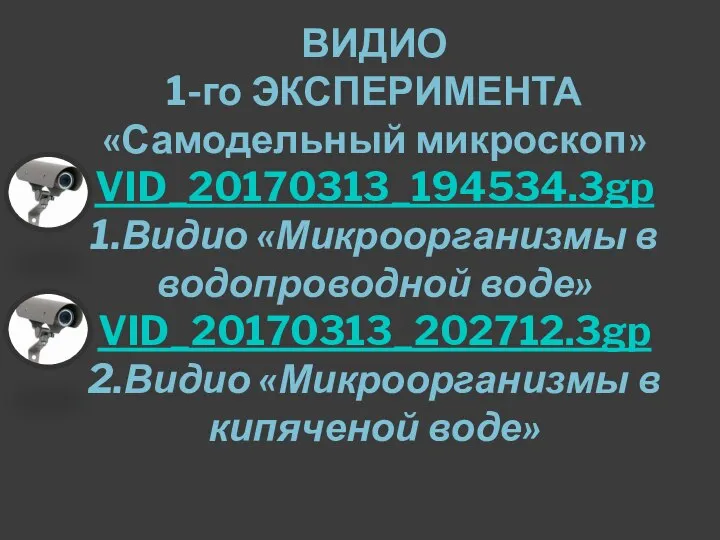 ВИДИО 1-го ЭКСПЕРИМЕНТА «Самодельный микроскоп» VID_20170313_194534.3gp 1.Видио «Микроорганизмы в водопроводной воде» VID_20170313_202712.3gp