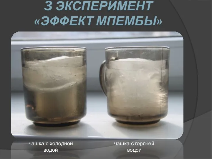 3 ЭКСПЕРИМЕНТ «ЭФФЕКТ МПЕМБЫ» чашка с холодной чашка с горячей водой водой