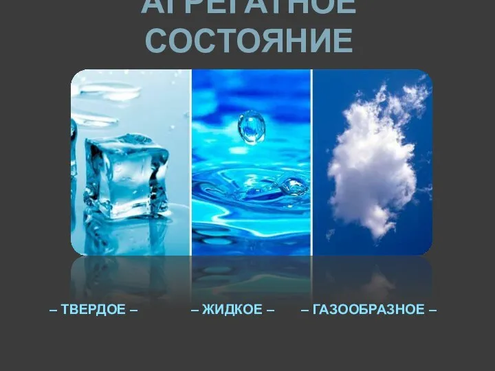 АГРЕГАТНОЕ СОСТОЯНИЕ – ТВЕРДОЕ – – ЖИДКОЕ – – ГАЗООБРАЗНОЕ –