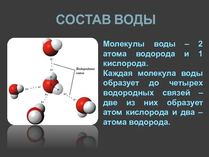 СОСТАВ ВОДЫ Молекулы воды – 2 атома водорода и 1 кислорода. Каждая