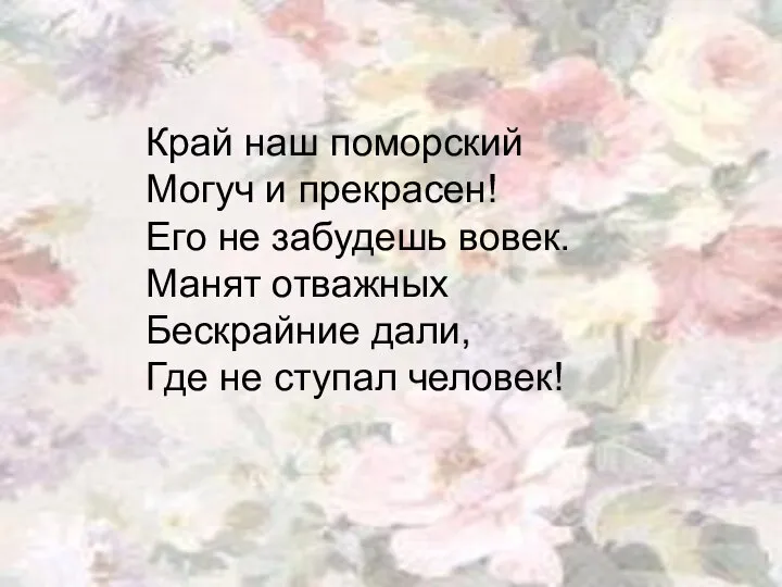 Край наш поморский Могуч и прекрасен! Его не забудешь вовек. Манят отважных