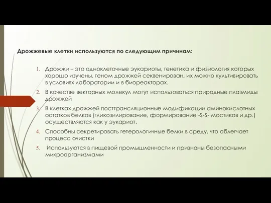 Дрожжевые клетки используются по следующим причинам: Дрожжи – это одноклеточные эукариоты, генетика