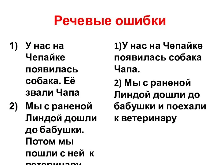 Речевые ошибки У нас на Чепайке появилась собака. Её звали Чапа Мы