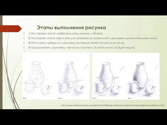 Этапы выполнения рисунка 1) На первом этапе изобразим вазу, кружку и яблоко;