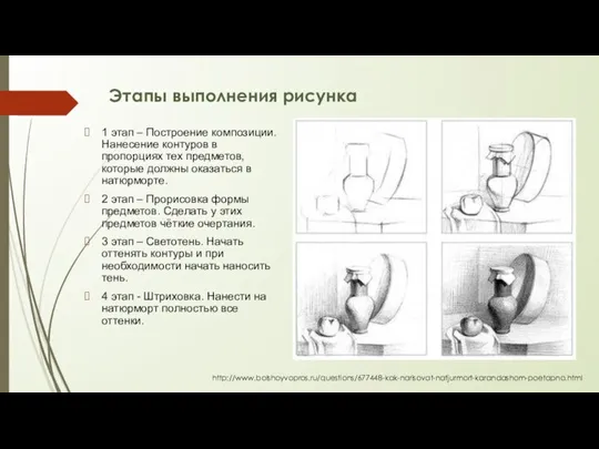 1 этап – Построение композиции. Нанесение контуров в пропорциях тех предметов, которые