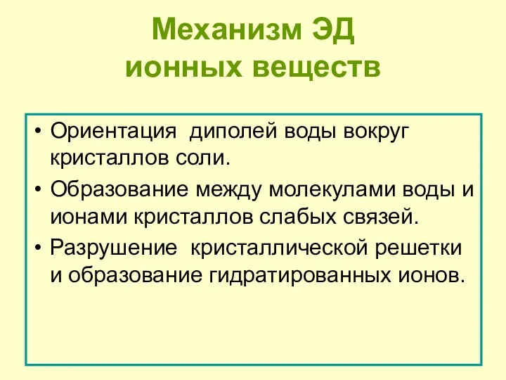 Механизм ЭД ионных веществ Ориентация диполей воды вокруг кристаллов соли. Образование между