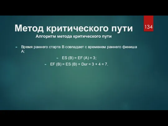 Метод критического пути Алгоритм метода критического пути Время раннего старта В совпадает