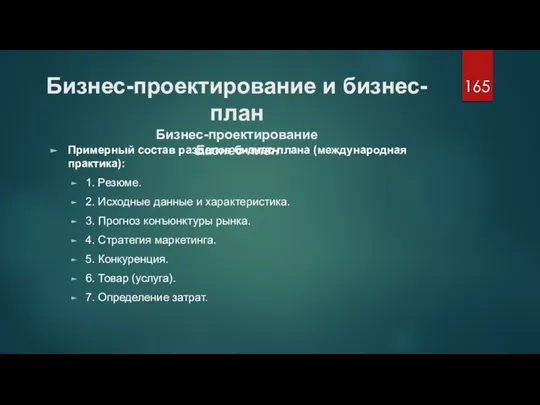 Бизнес-проектирование и бизнес-план Бизнес-проектирование Бизнес-план Примерный состав разделов бизнес-плана (международная практика): 1.