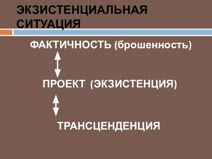 ЭКЗИСТЕНЦИАЛЬНАЯ СИТУАЦИЯ ФАКТИЧНОСТЬ (брошенность) ПРОЕКТ (ЭКЗИСТЕНЦИЯ) ТРАНСЦЕНДЕНЦИЯ