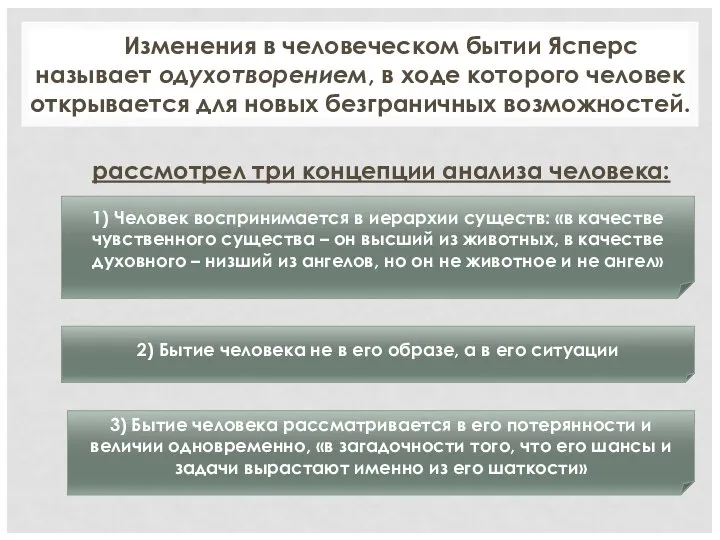 Изменения в человеческом бытии Ясперс называет одухотворением, в ходе которого человек открывается