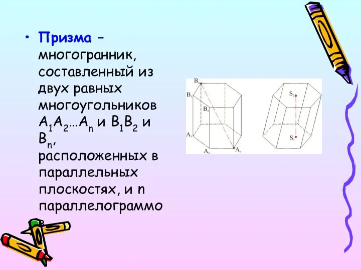 Призма – многогранник, составленный из двух равных многоугольников A1A2…An и B1B2 и