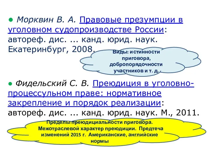 ● Морквин В. А. Правовые презумпции в уголовном судопроизводстве России: автореф. дис.