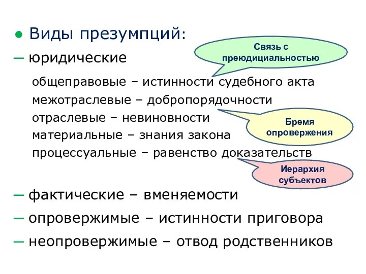 ● Виды презумпций: ─ юридические общеправовые – истинности судебного акта межотраслевые –