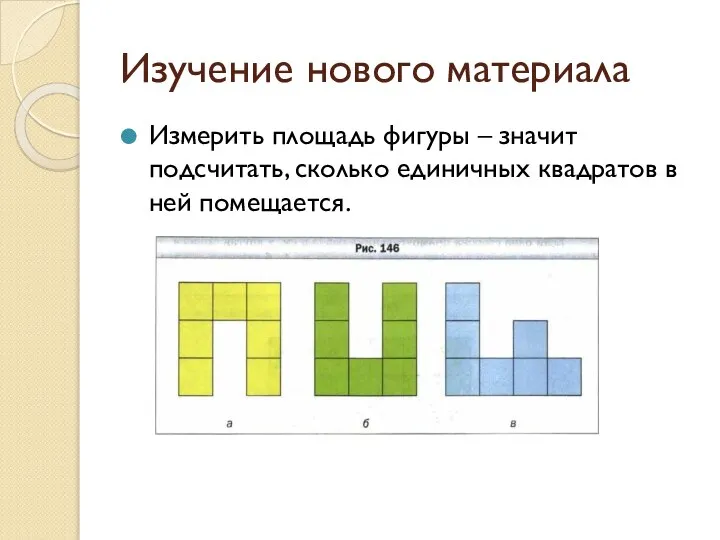 Изучение нового материала Измерить площадь фигуры – значит подсчитать, сколько единичных квадратов в ней помещается.