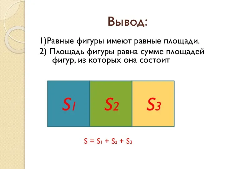 Вывод: 1)Равные фигуры имеют равные площади. 2) Площадь фигуры равна сумме площадей