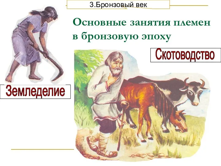 Основные занятия племен в бронзовую эпоху Земледелие Скотоводство 3.Бронзовый век