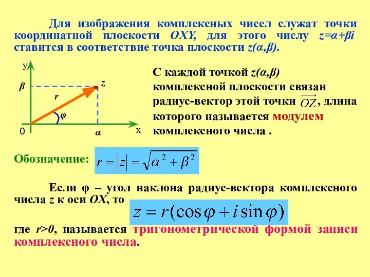 Для изображения комплексных чисел служат точки координатной плоскости OXY, для этого числу