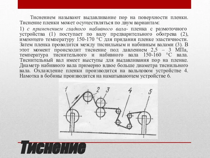 Тиснение Тиснением называют выдавливание пор на поверхности пленки. Тиснение пленки может осуществляться