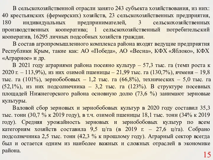 В сельскохозяйственной отрасли занято 243 субъекта хозяйствования, из них: 40 крестьянских (фермерских)