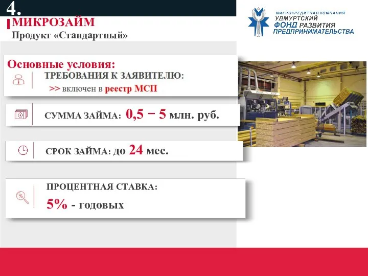 4. МИКРОЗАЙМ Продукт «Стандартный» ПРОЦЕНТНАЯ СТАВКА СУММА ЗАЙМА: 0,5 − 5 млн.