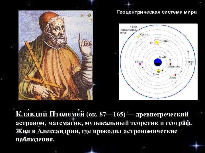 Кла́вдий Птолеме́й (ок. 87—165) — древнегреческий астроном, математик, музыкальный теоретик и географ.