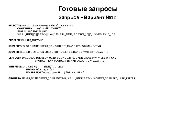 Готовые запросы Запрос 5 – Вариант №12 SELECT UP.VAR_ID, UL.ID_PREDPR, S.OBJECT_ID, S.STVN,