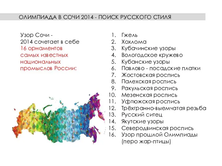 ОЛИМПИАДА В СОЧИ 2014 - ПОИСК РУССКОГО СТИЛЯ Узор Сочи - 2014