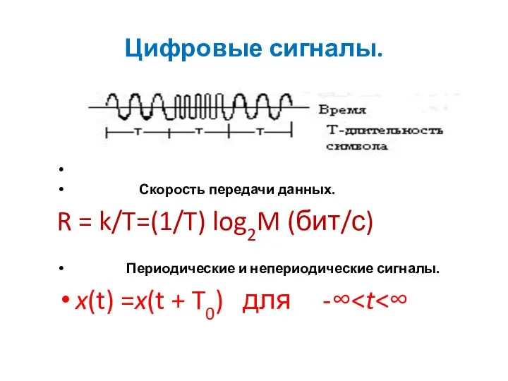 Цифровые сигналы. Скорость передачи данных. R = k/T=(1/T) log2M (бит/с) Периодические и