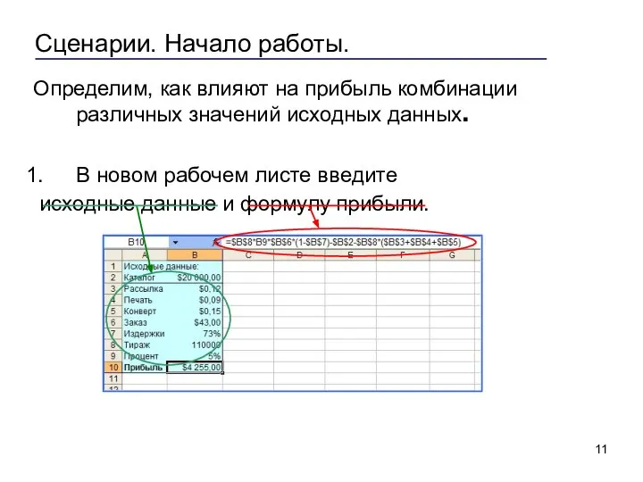 Сценарии. Начало работы. Определим, как влияют на прибыль комбинации различных значений исходных