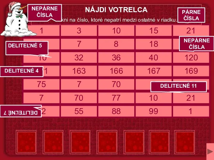 10 7 NÁJDI VOTRELCA Klikni na číslo, ktoré nepatrí medzi ostatné v