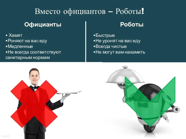 Вместо официантов – Роботы! Официанты Роботы • Хамят •Роняют на вас еду