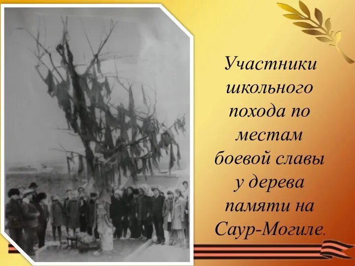 Участники школьного похода по местам боевой славы у дерева памяти на Саур-Могиле.