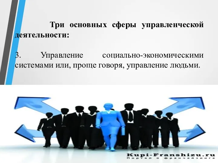 Три основных сферы управленческой деятельности: 3. Управление социально-экономическими системами или, проще говоря, управление людьми.