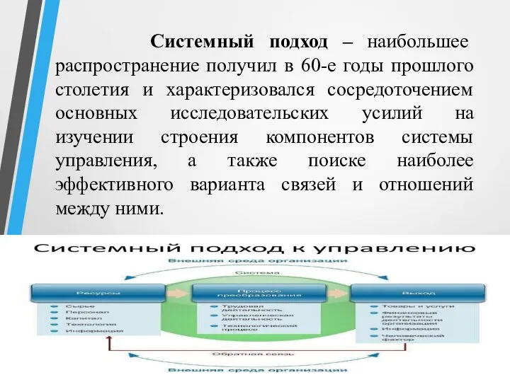 Системный подход – наибольшее распространение получил в 60-е годы прошлого столетия и