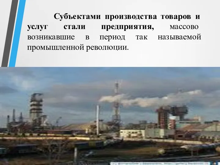 Субъектами производства товаров и услуг стали предприятия, массово возникавшие в период так называемой промышленной революции.