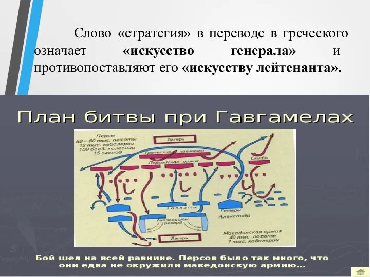 Слово «стратегия» в переводе в греческого означает «искусство генерала» и противопоставляют его «искусству лейтенанта».